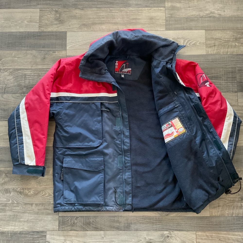VTG Trespass Seafarer Sailing Jacket Men’s MEDIUM Red Blue White Waterproof Hood